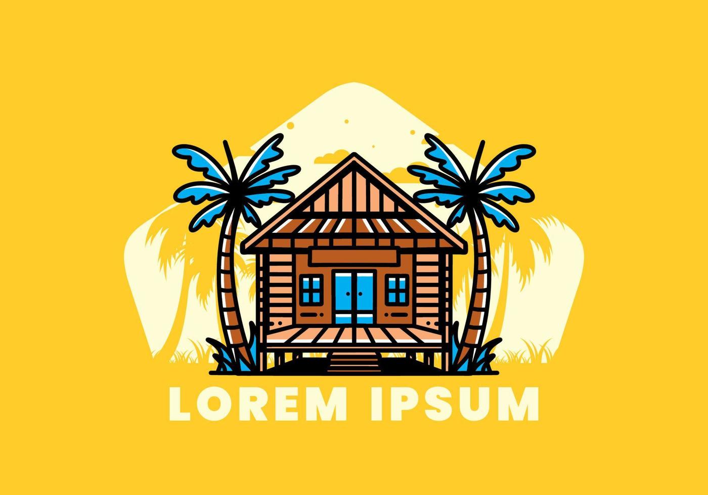 Wood house on the beach illustration badge design vector