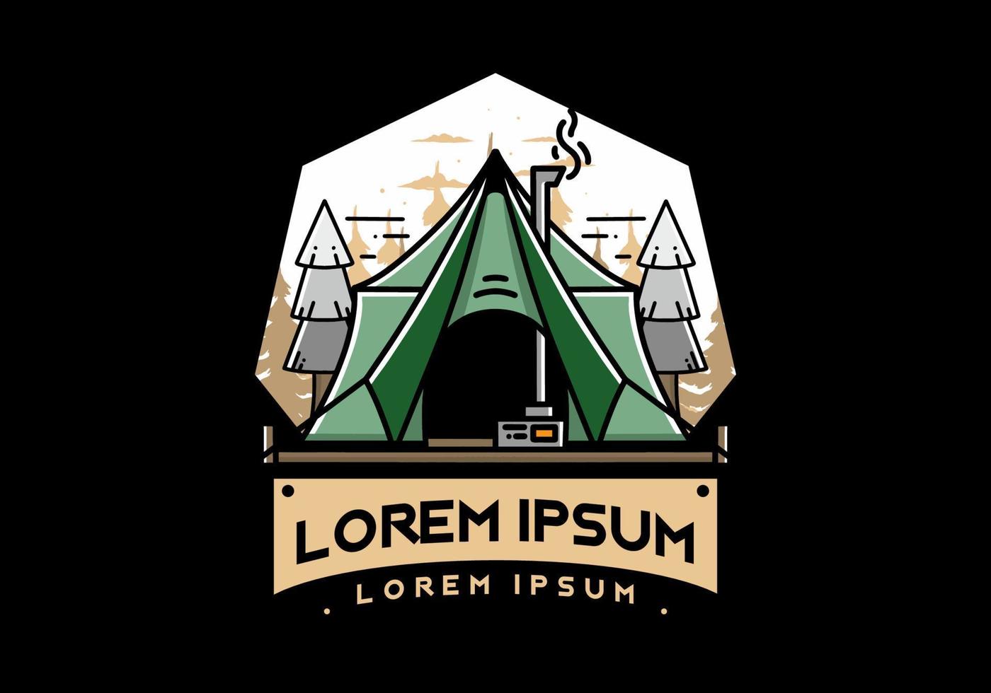 Large glamping tent with heater and chimney illustration design vector