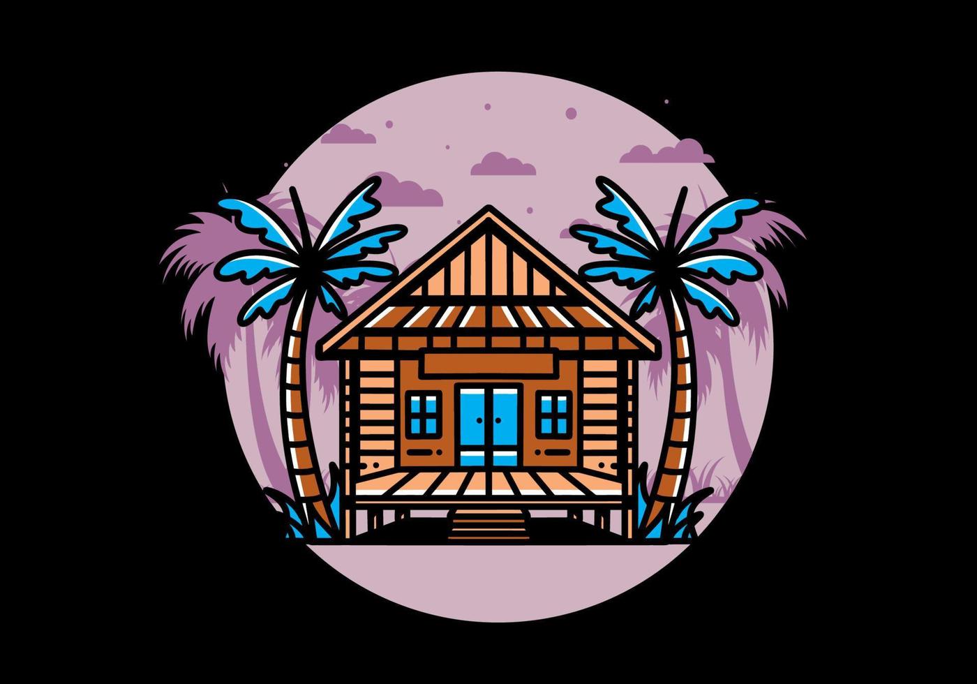 Wood house on the beach illustration badge design vector