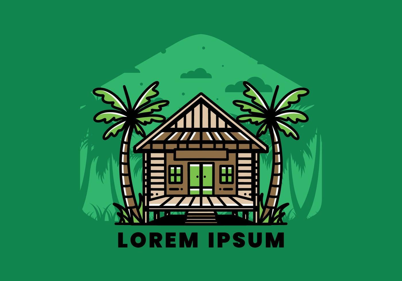 Wood house on the beach illustration badge design vector