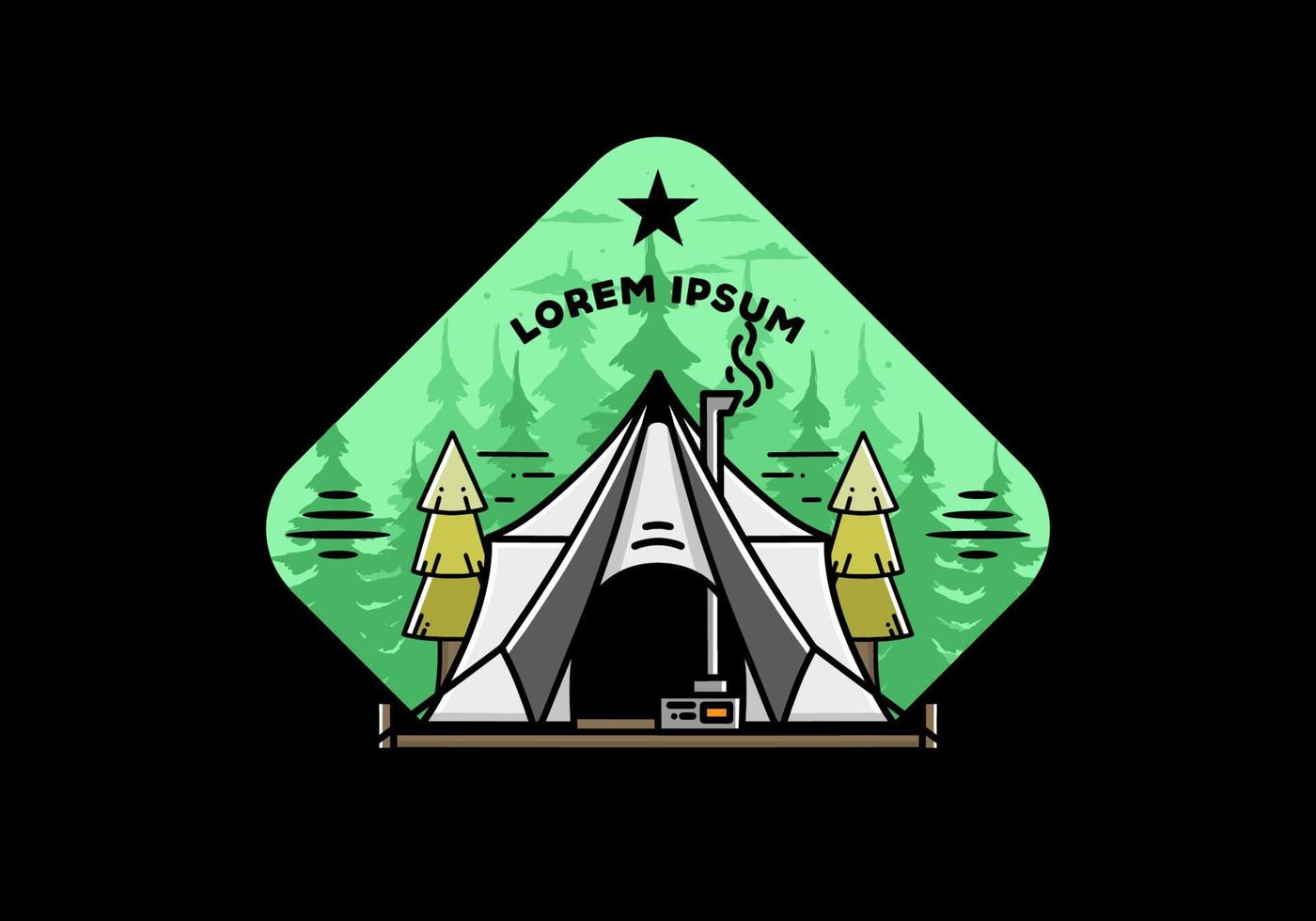 Large glamping tent with heater and chimney illustration design vector