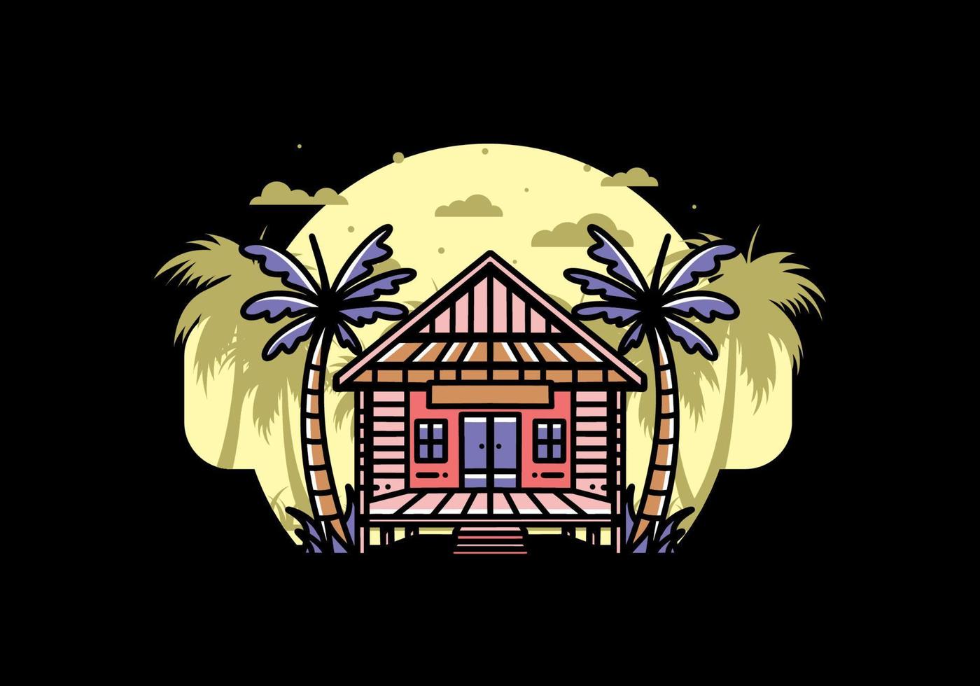 Wood house on the beach illustration badge design vector