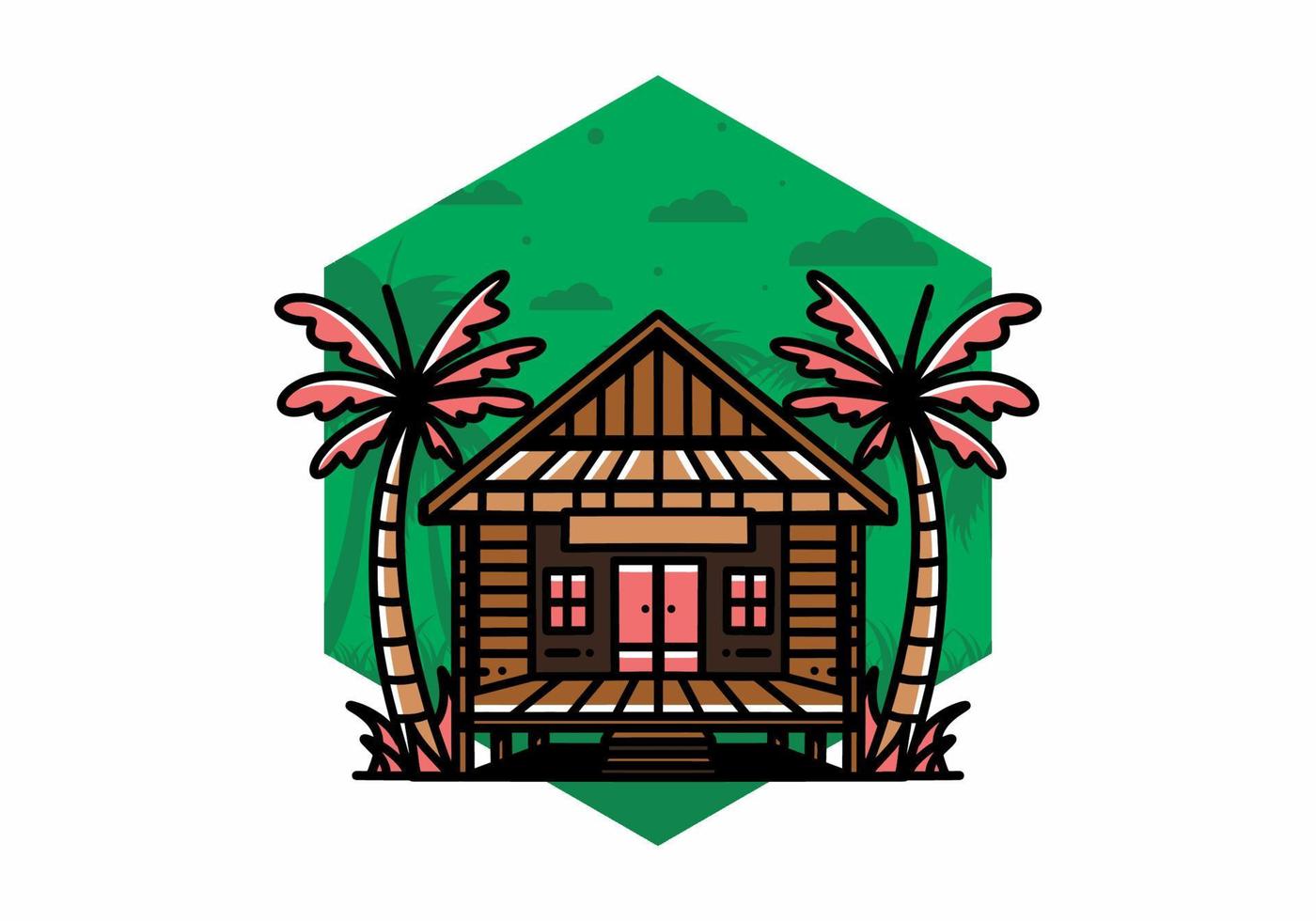 Wood house on the beach illustration badge design vector
