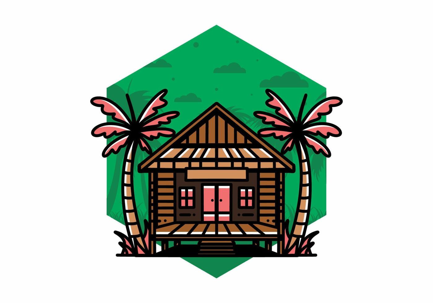 Wood house on the beach illustration badge design vector