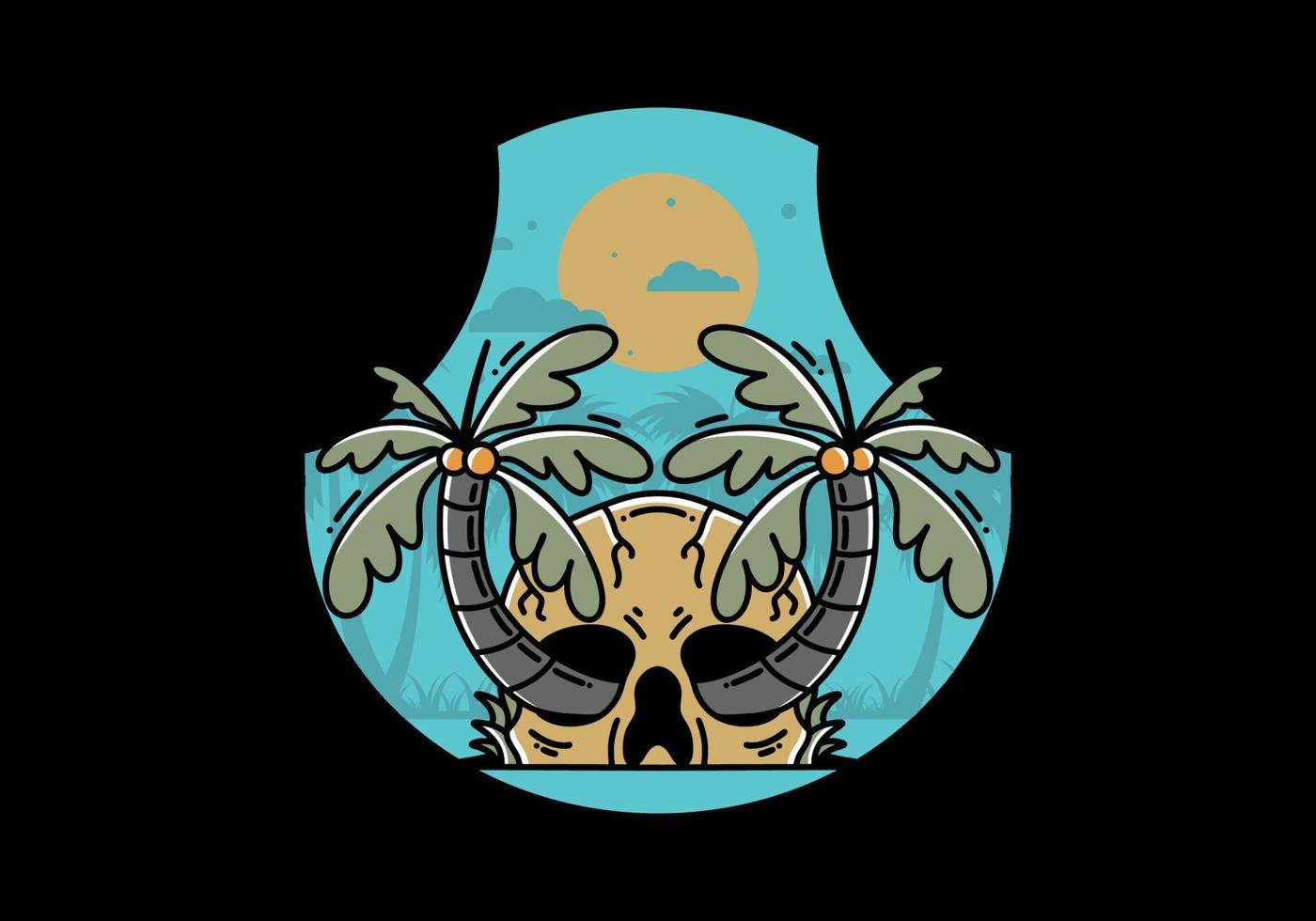 Two coconut trees growing on a skull illustration vector