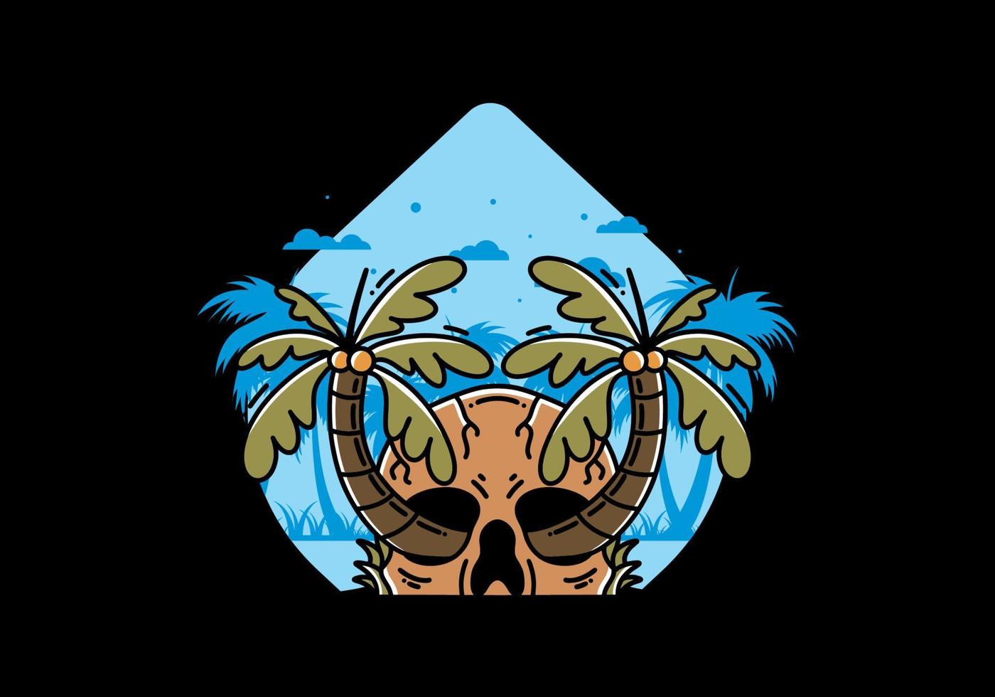 Two coconut trees growing on a skull illustration vector