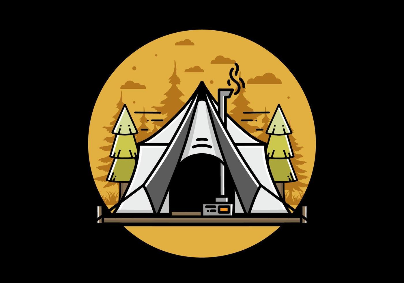 Large glamping tent with heater and chimney illustration design vector