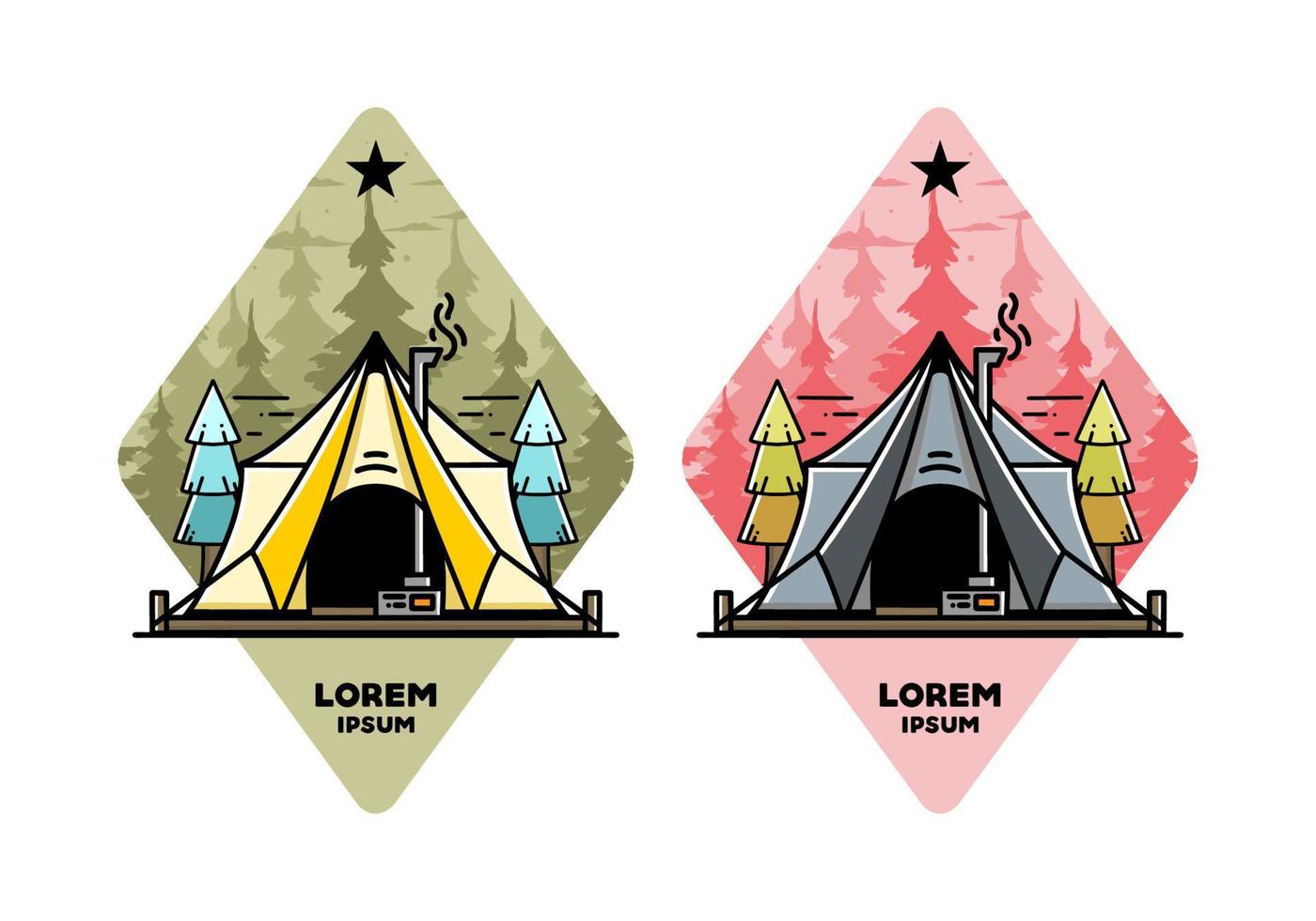 Large glamping tent with heater and chimney illustration design vector