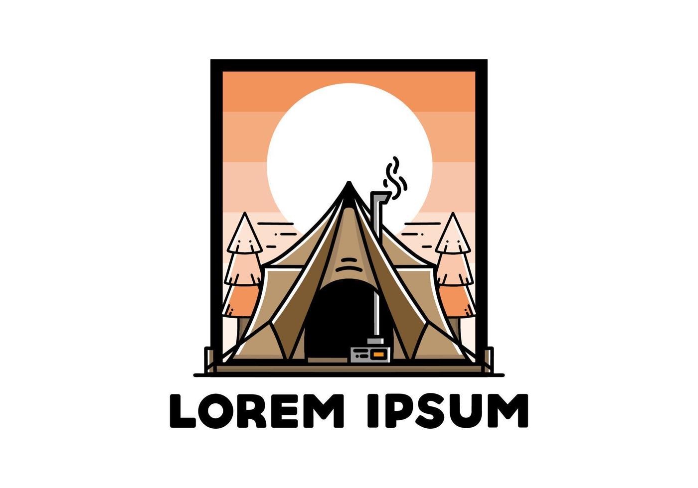 Large glamping tent with heater and chimney illustration design vector