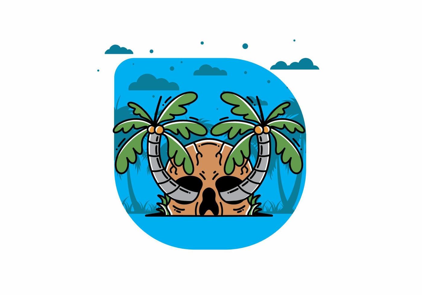 Two coconut trees growing on a skull illustration vector