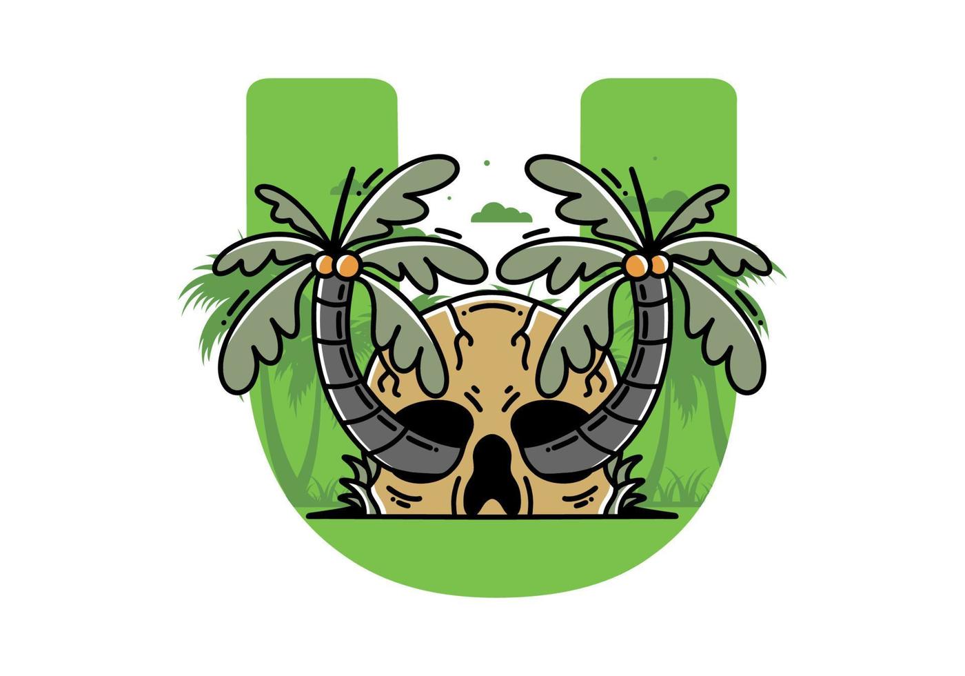 Two coconut trees growing on a skull illustration vector