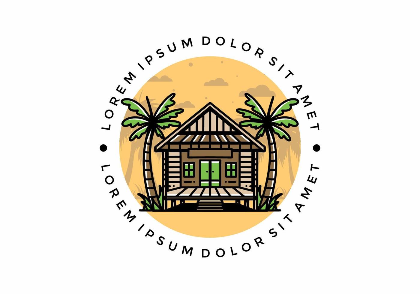 Wood house on the beach illustration badge design vector