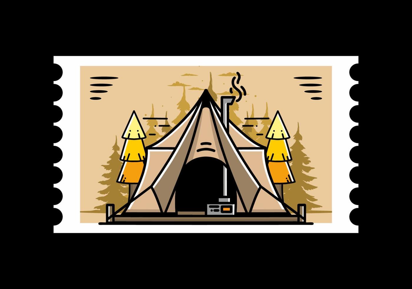 Large glamping tent with heater and chimney illustration design vector