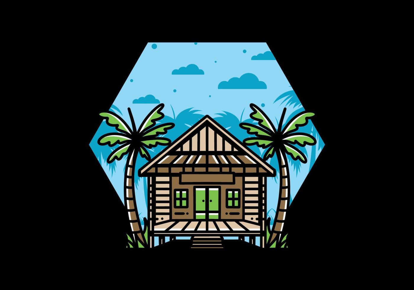 Wood house on the beach illustration badge design vector