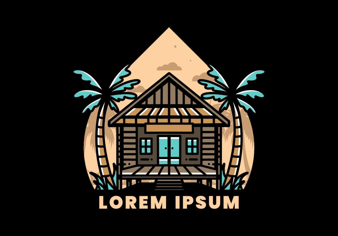 Wood house on the beach illustration badge design vector