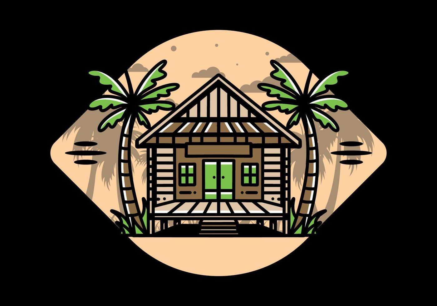 Wood house on the beach illustration badge design vector