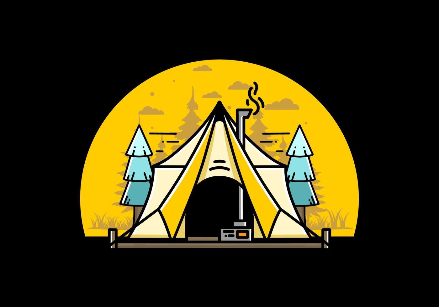 Large glamping tent with heater and chimney illustration design vector