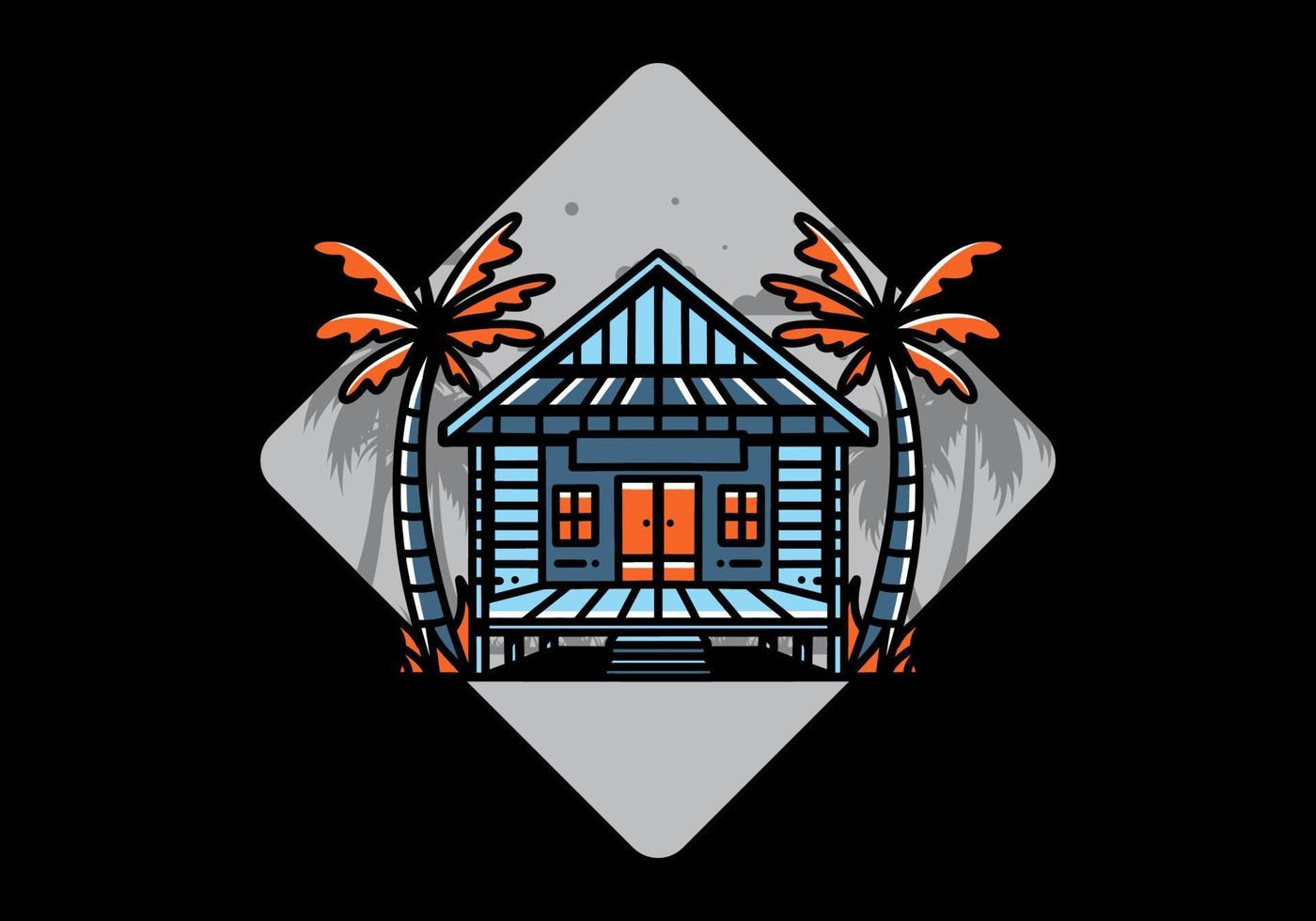 Wood house on the beach illustration badge design vector