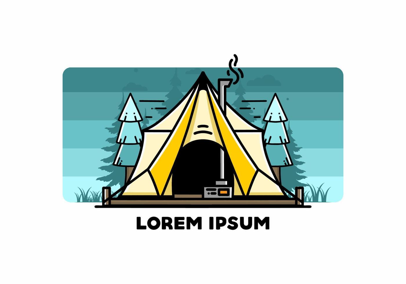 Large glamping tent with heater and chimney illustration design vector