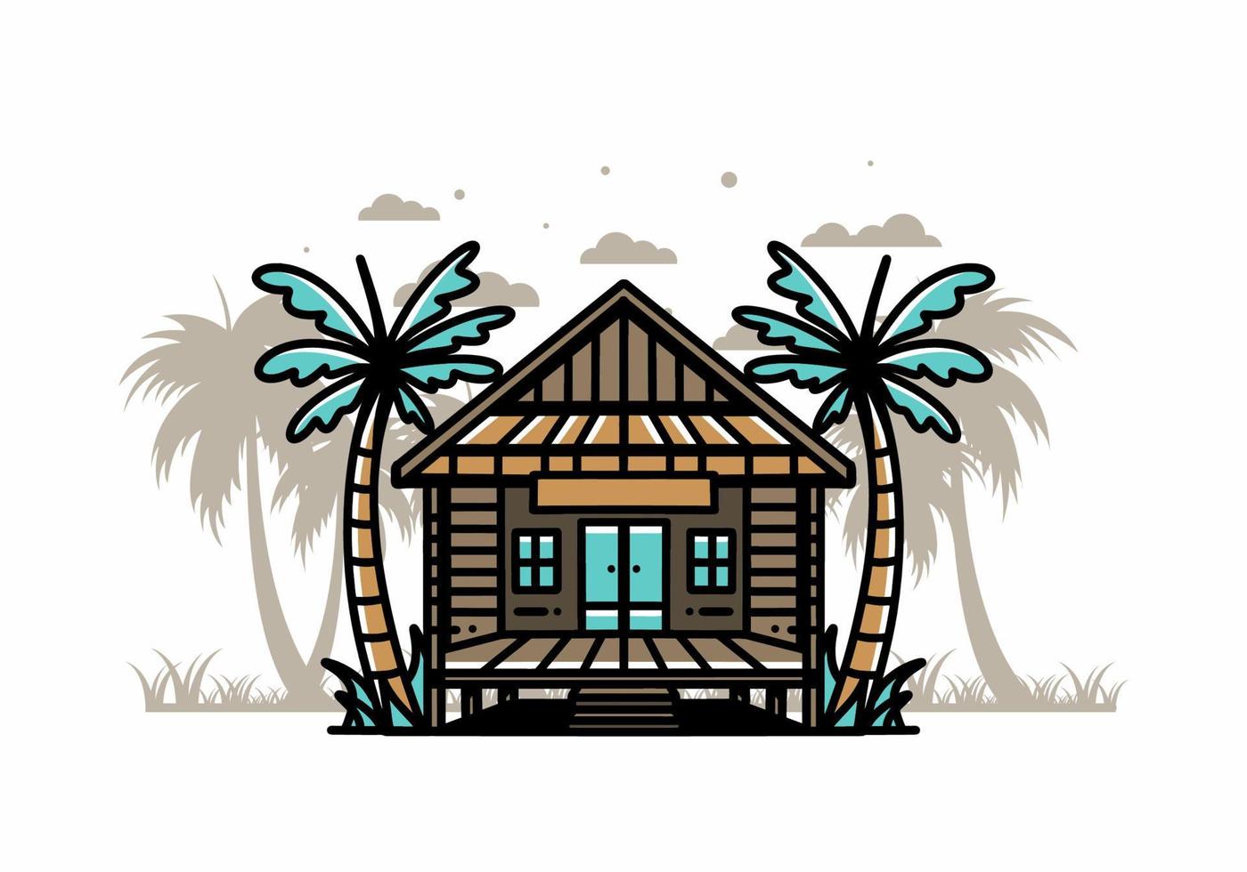 Wood house on the beach illustration badge design vector