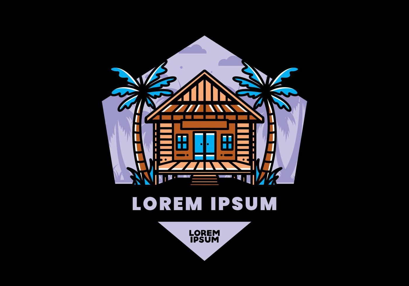 Wood house on the beach illustration badge design vector