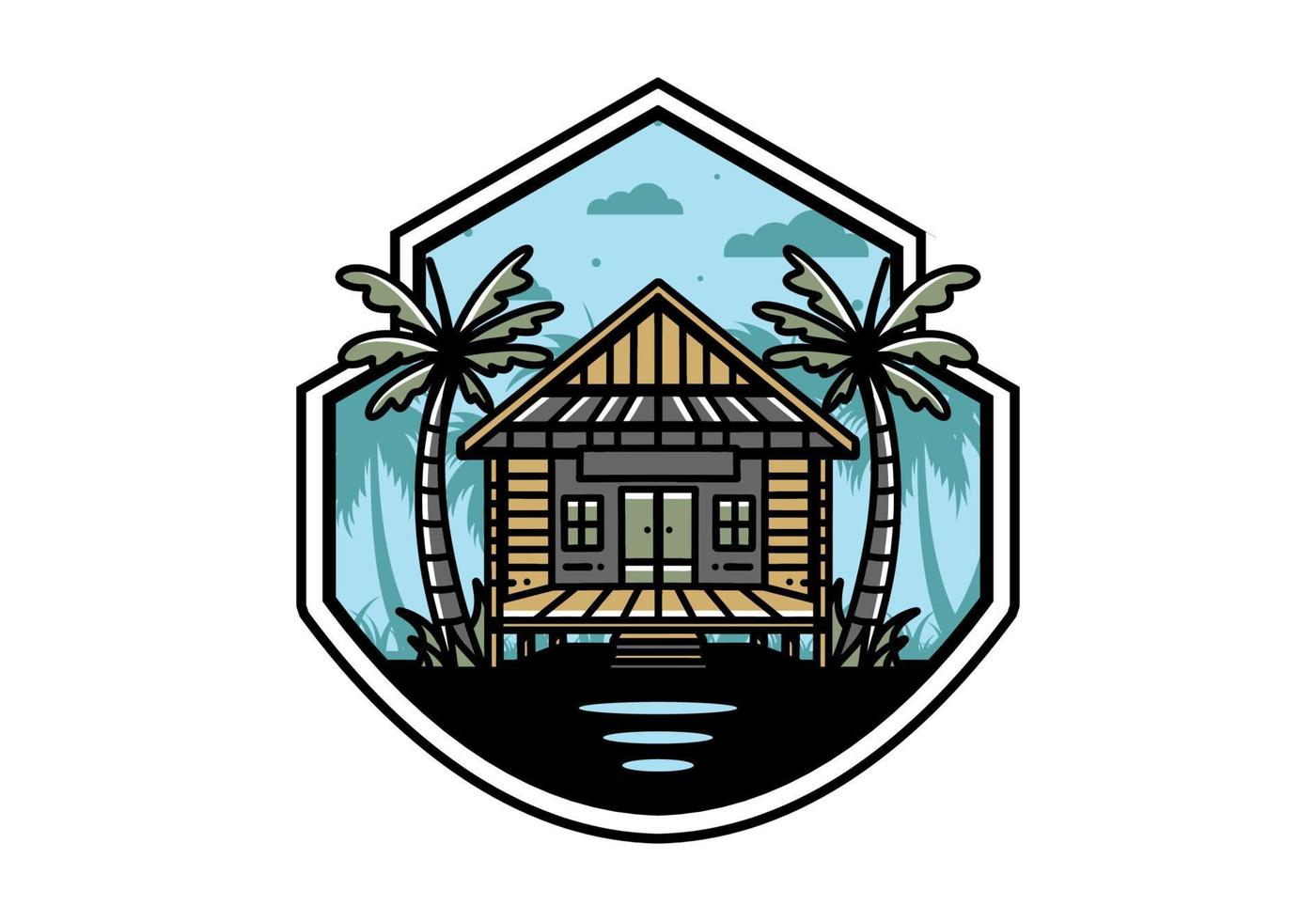 Wood house on the beach illustration badge design vector