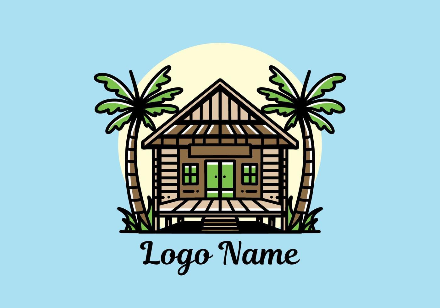 Wood house on the beach illustration badge design vector