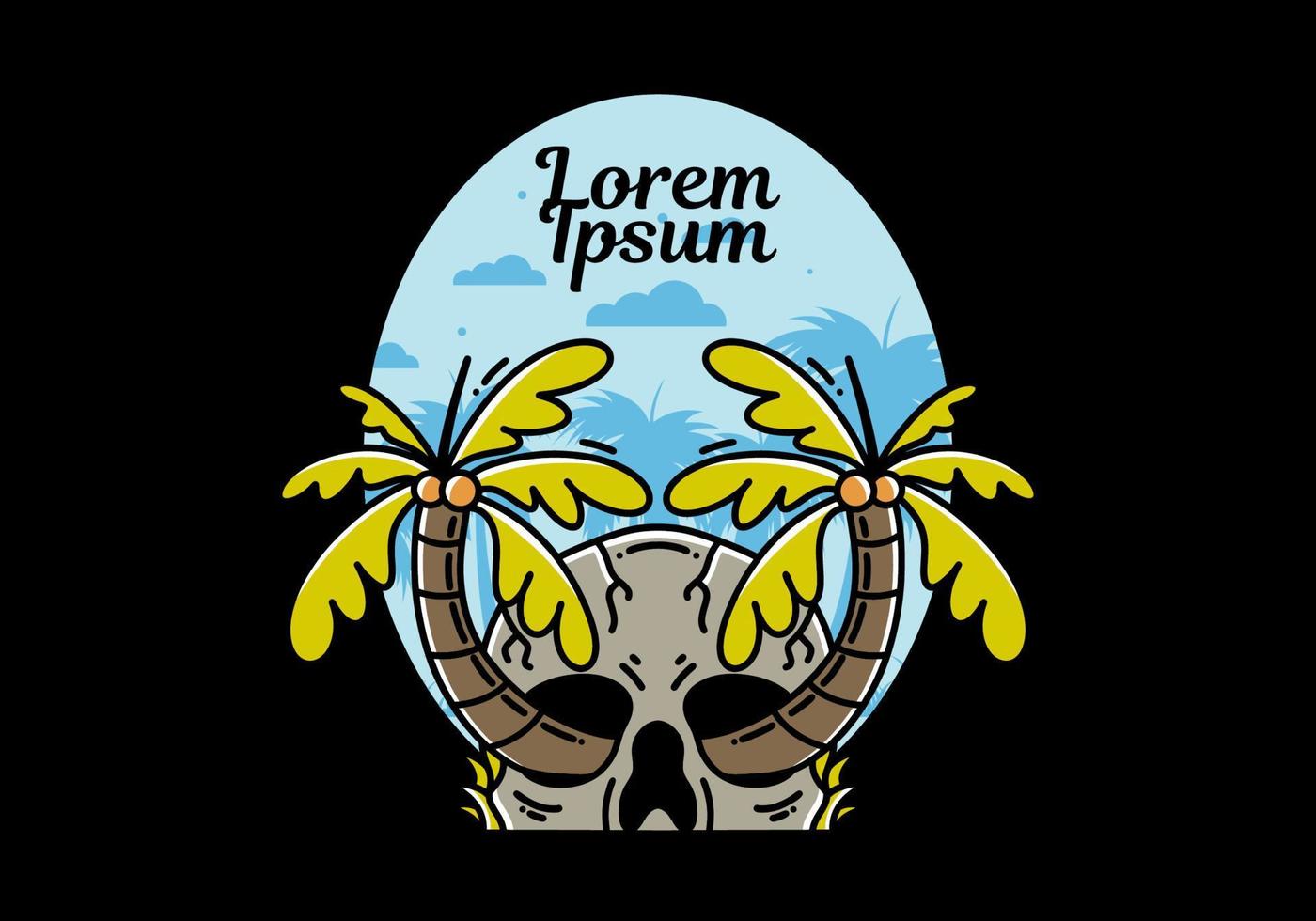 Two coconut trees growing on a skull illustration vector