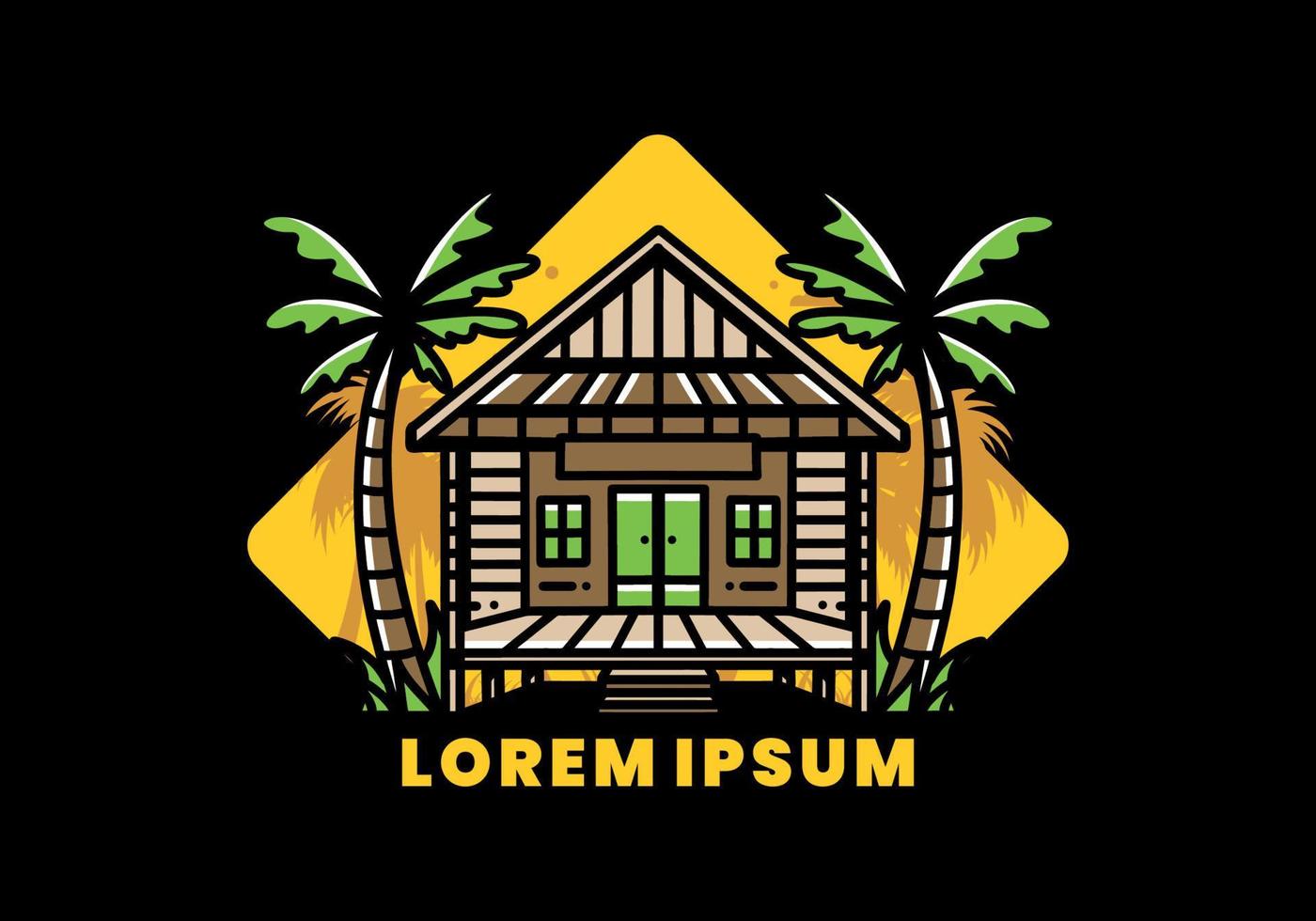 Wood house on the beach illustration badge design vector