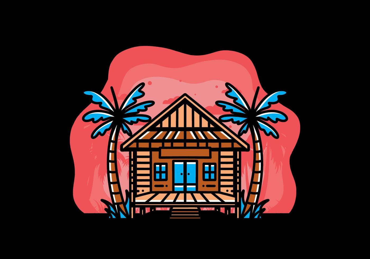 Wood house on the beach illustration badge design vector