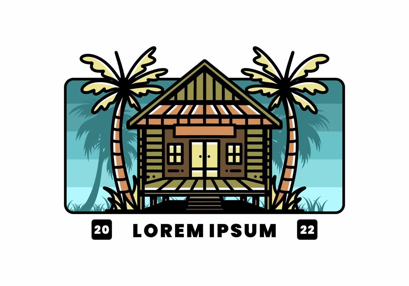 Wood house on the beach illustration badge design vector