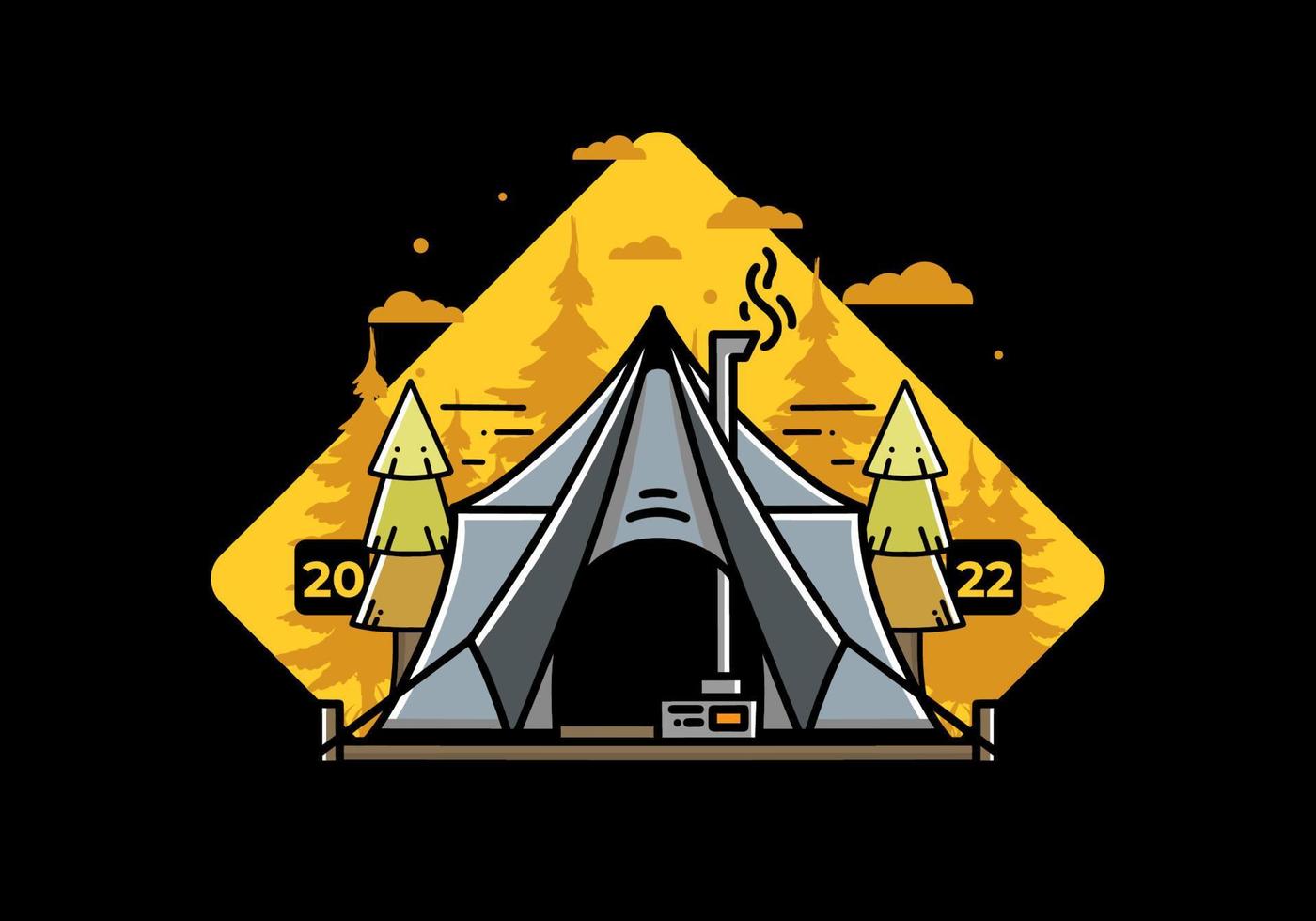 Large glamping tent with heater and chimney illustration design vector