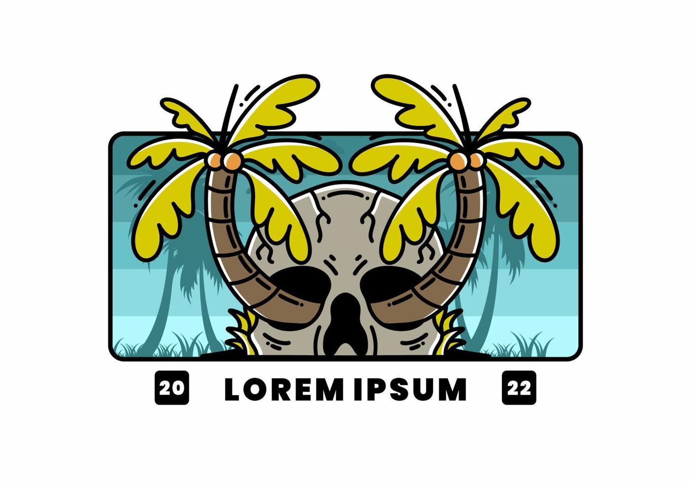 Two coconut trees growing on a skull illustration vector