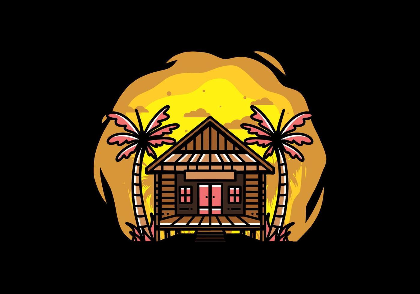 Wood house on the beach illustration badge design vector