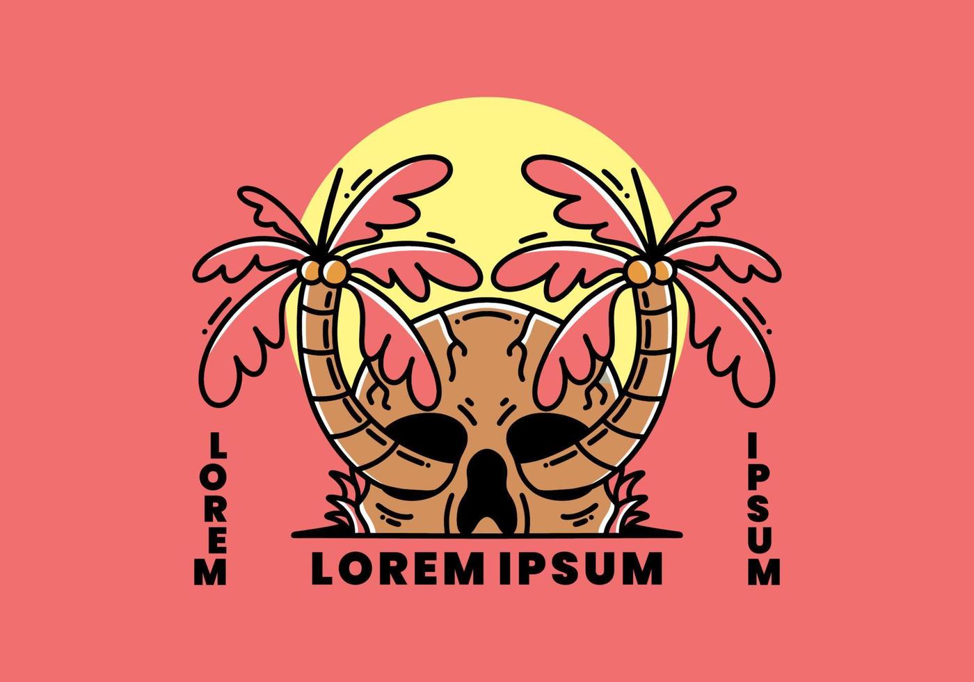 Two coconut trees growing on a skull illustration vector