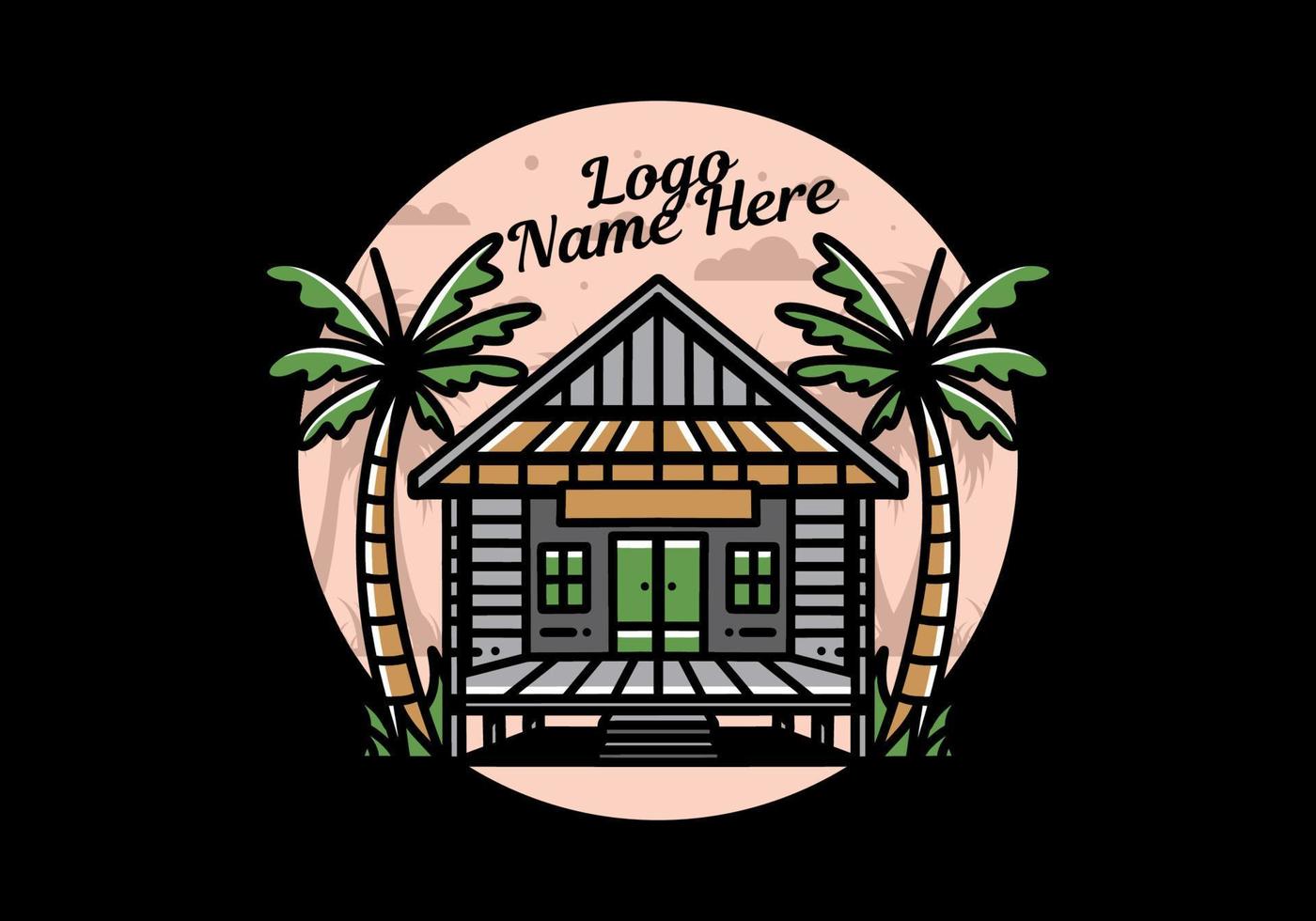Wood house on the beach illustration badge design vector