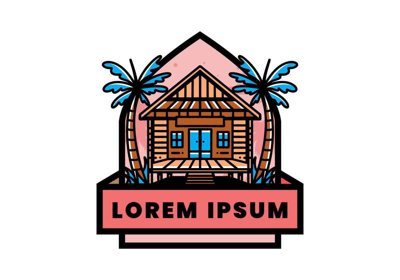 Wood house on the beach illustration badge design vector