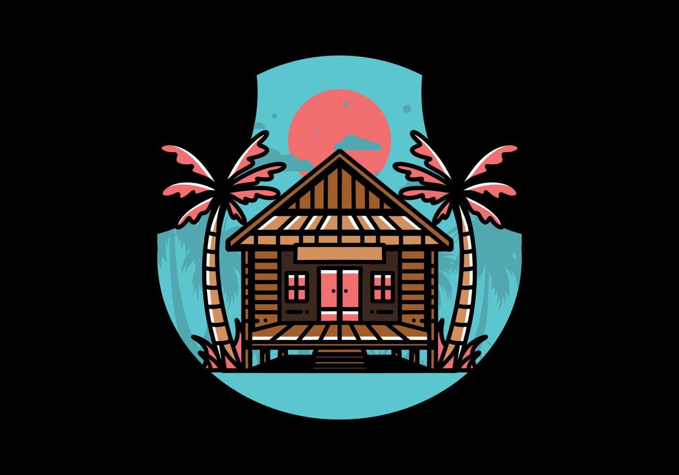 Wood house on the beach illustration badge design vector