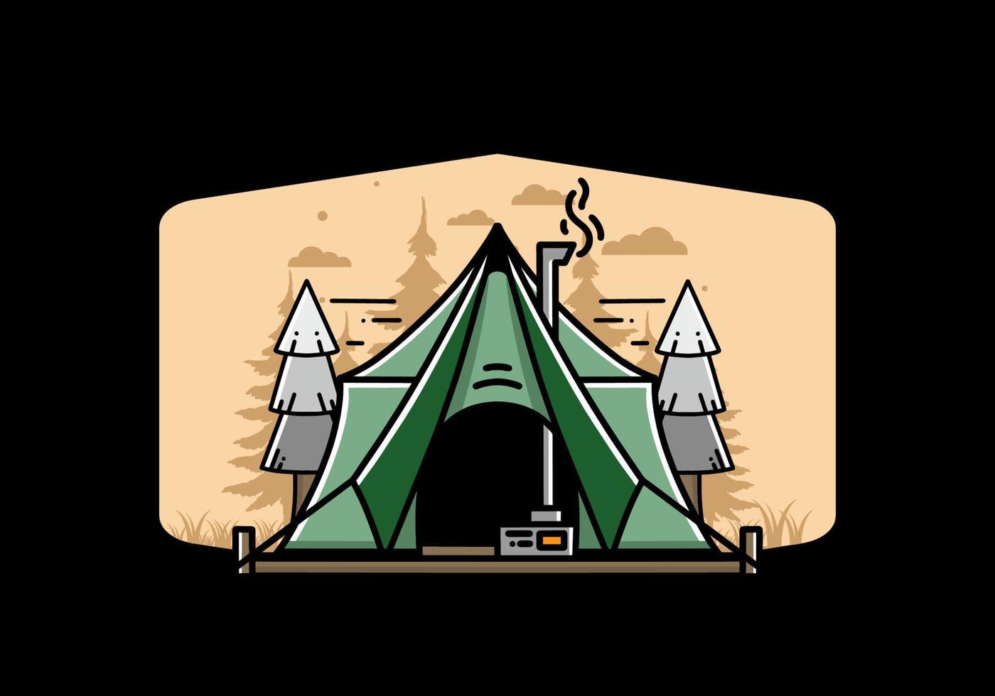 Large glamping tent with heater and chimney illustration design vector