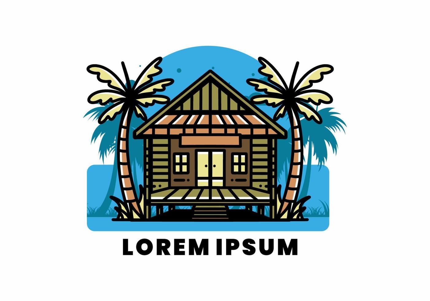 Wood house on the beach illustration badge design vector