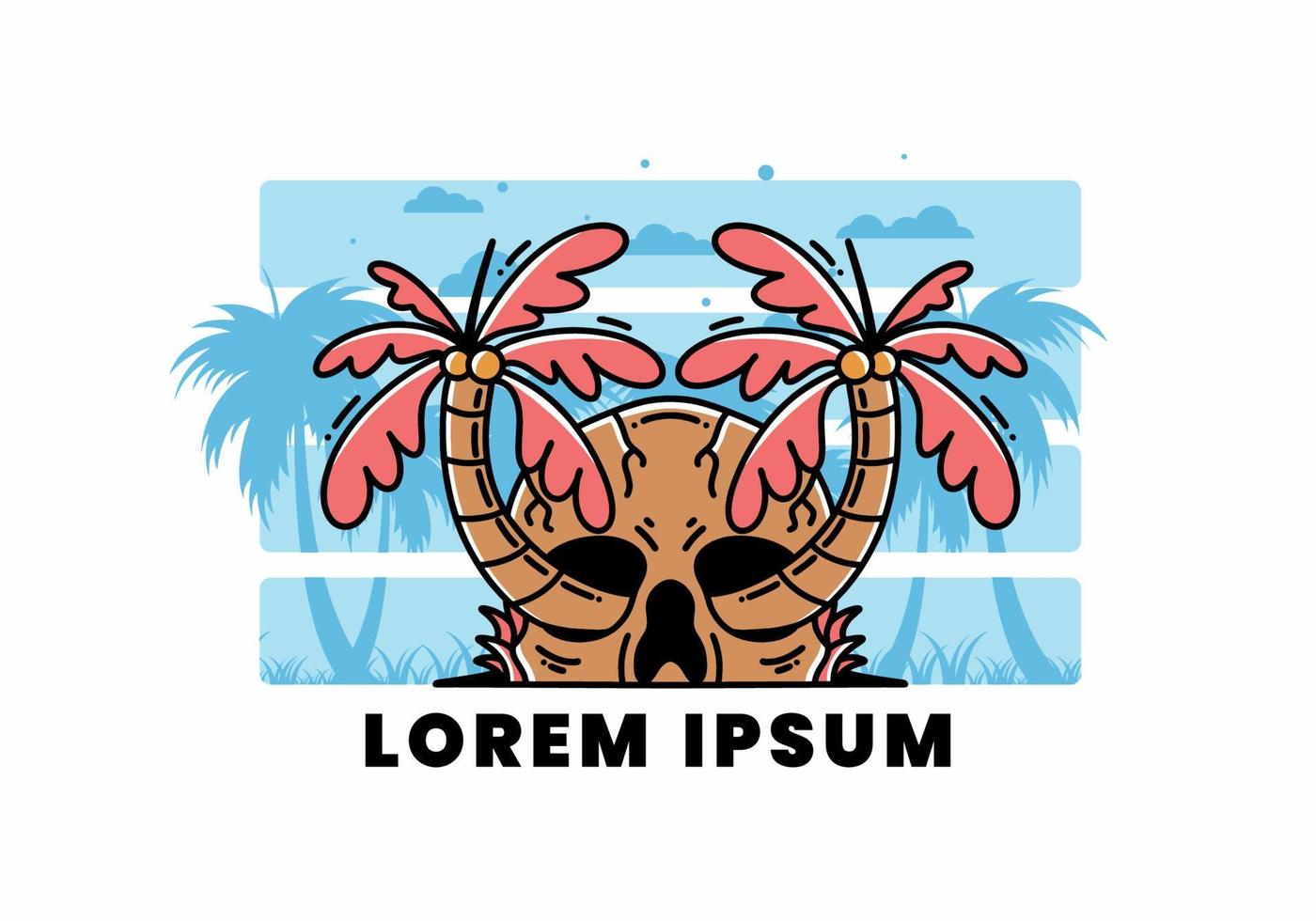 Two coconut trees growing on a skull illustration vector