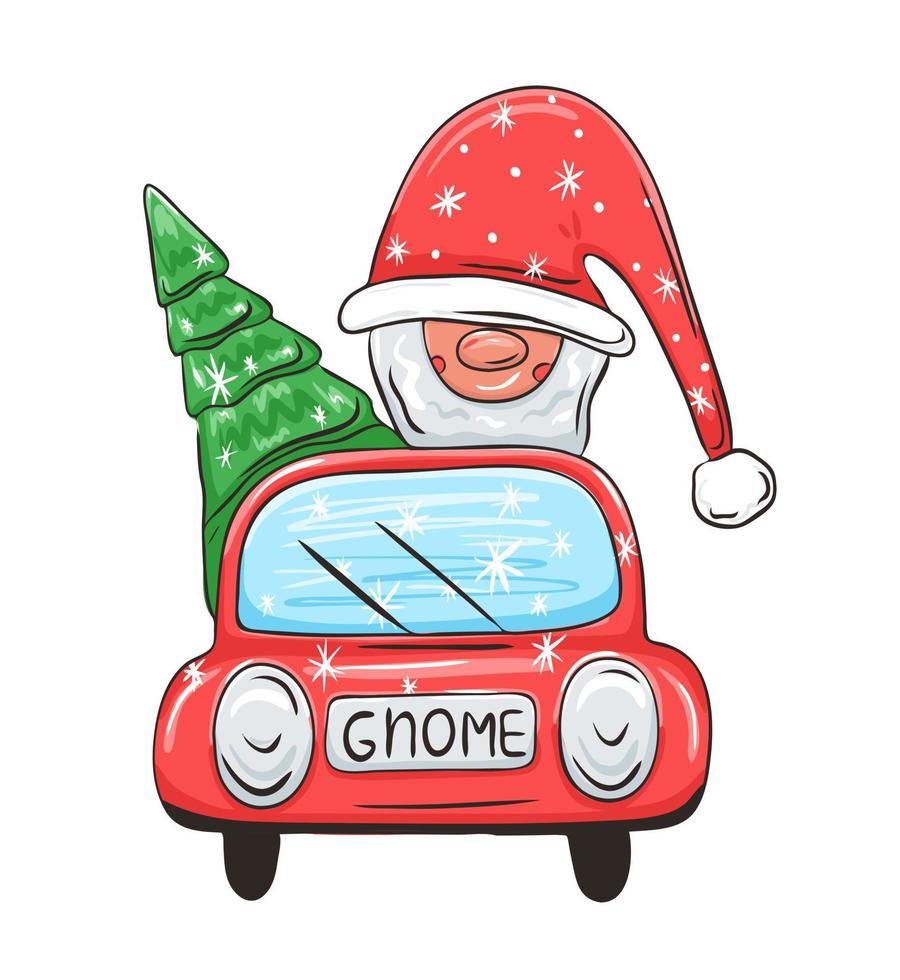 Christmas gnome with pine tree in truck vector