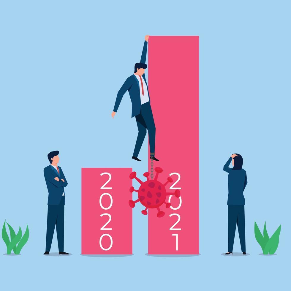 Businessman climb the bar to stay away from virus metaphor of economy after pandemic. Business flat vector concept illustration.