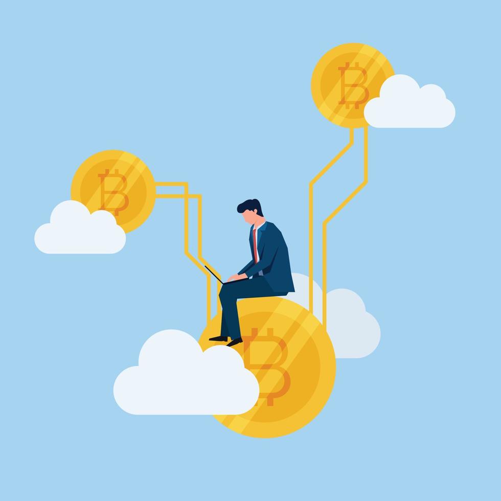 Man with laptop sit above coin in the cloud metaphor of cryptocurrency. vector