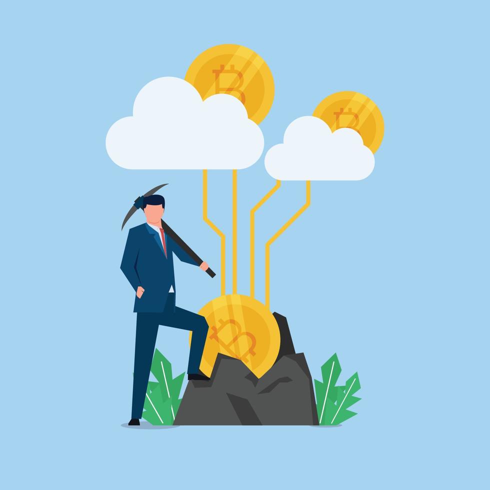 hombre con piqueta junto a una moneda criptográfica conectada a la metáfora de la nube de la minería. vector