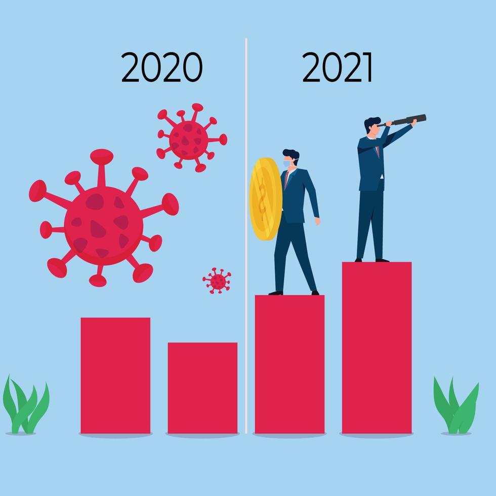 Business people hold the virus and analyze the future metaphor of economy after pandemic. Business flat vector concept illustration.