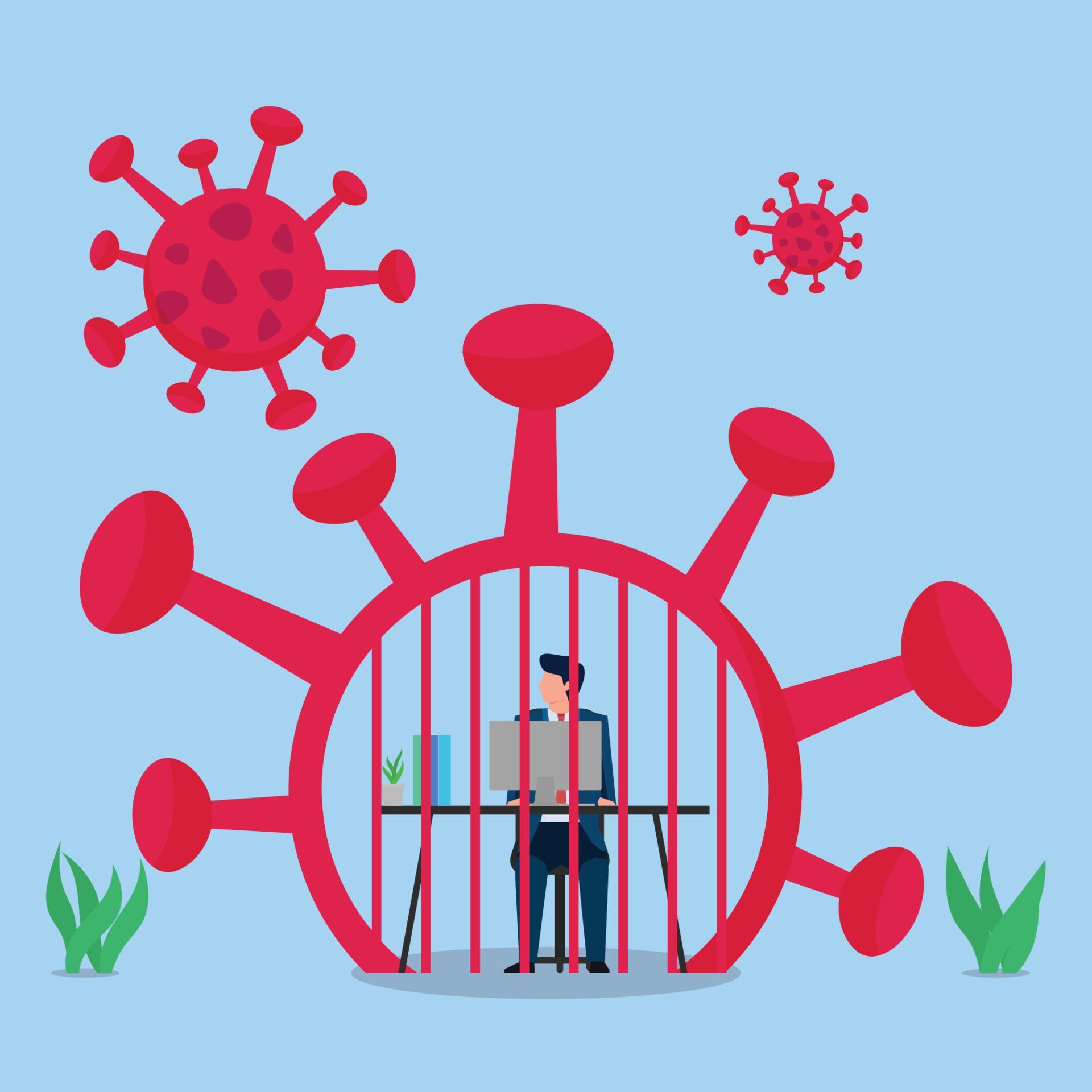 Man work inside the virus jail metaphor of work on pandemic. 10700563