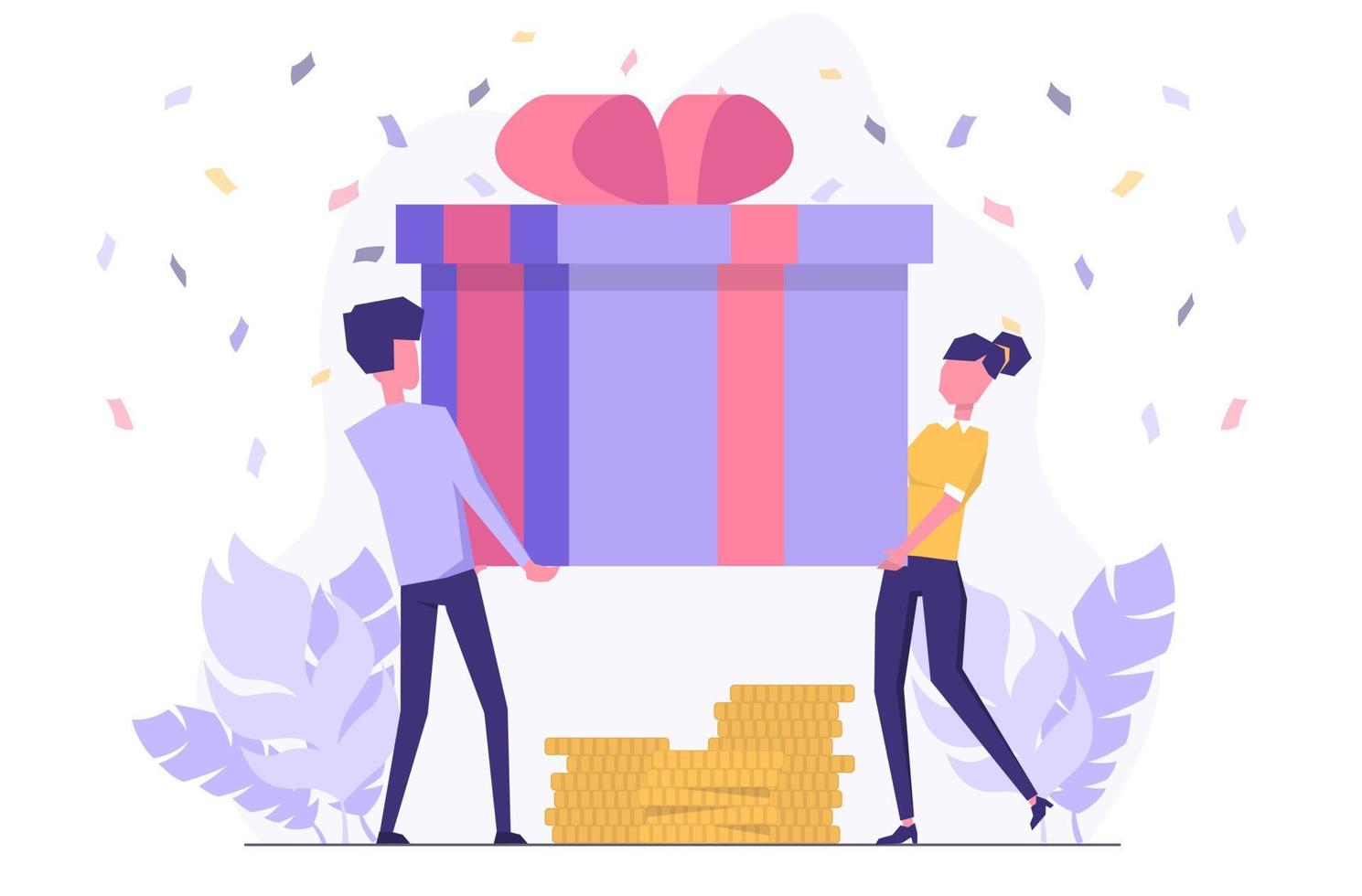 Cashback. A man and a woman holding a huge gift vector