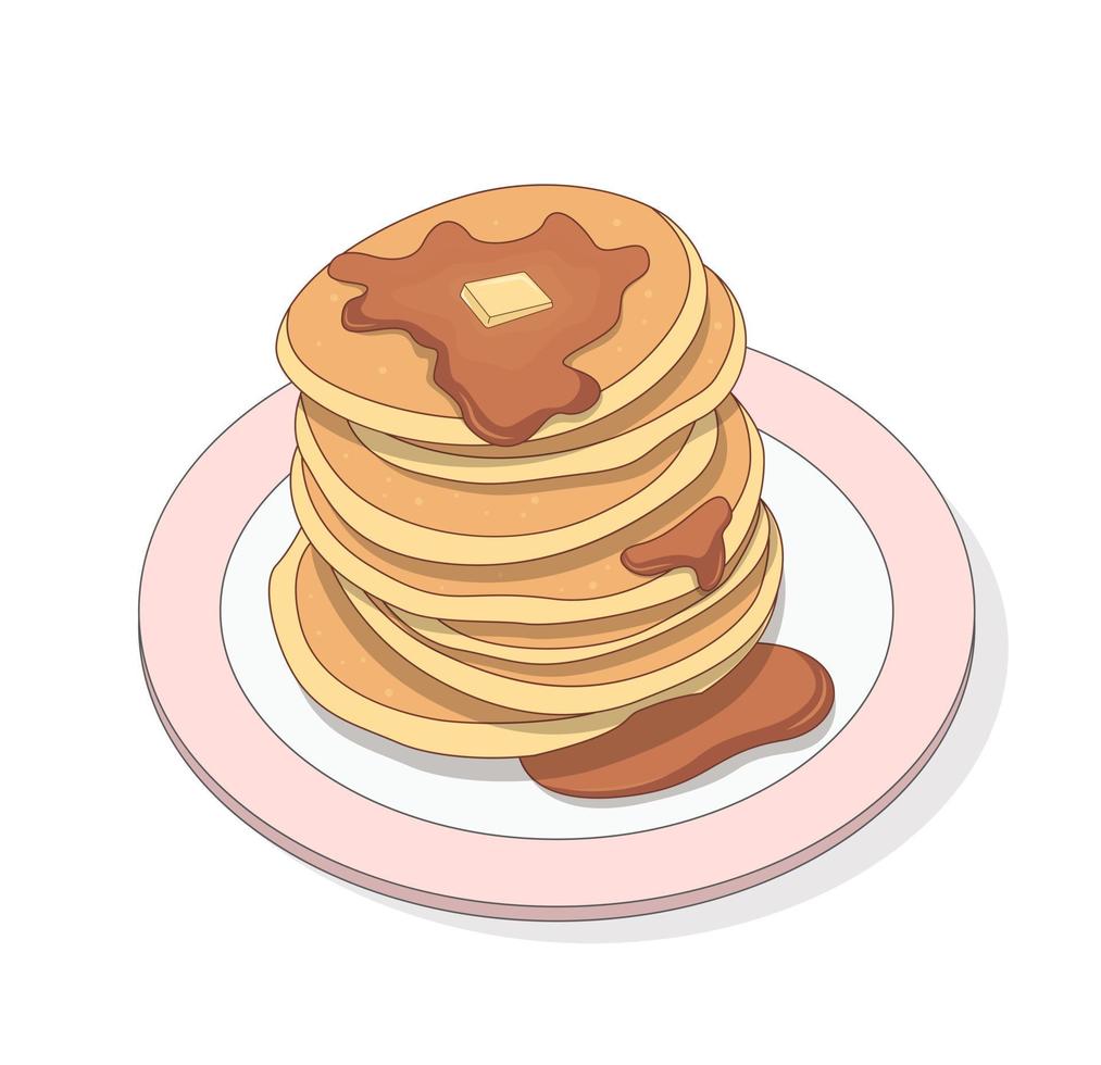 Pancake. Pancakes with syrup and a slice of butter laying on a plate vector