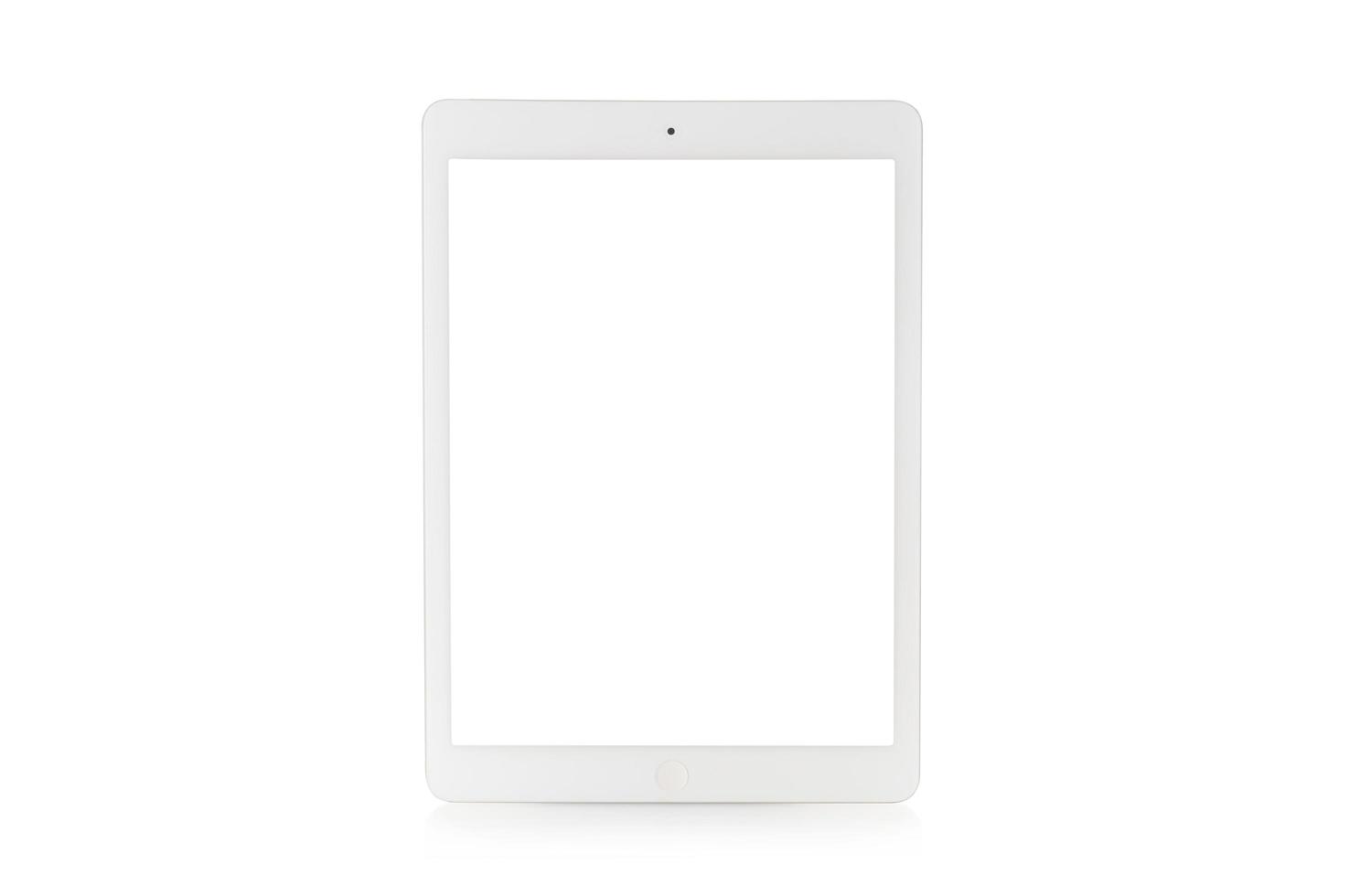 White tablet computer with blank white screen on  white background photo